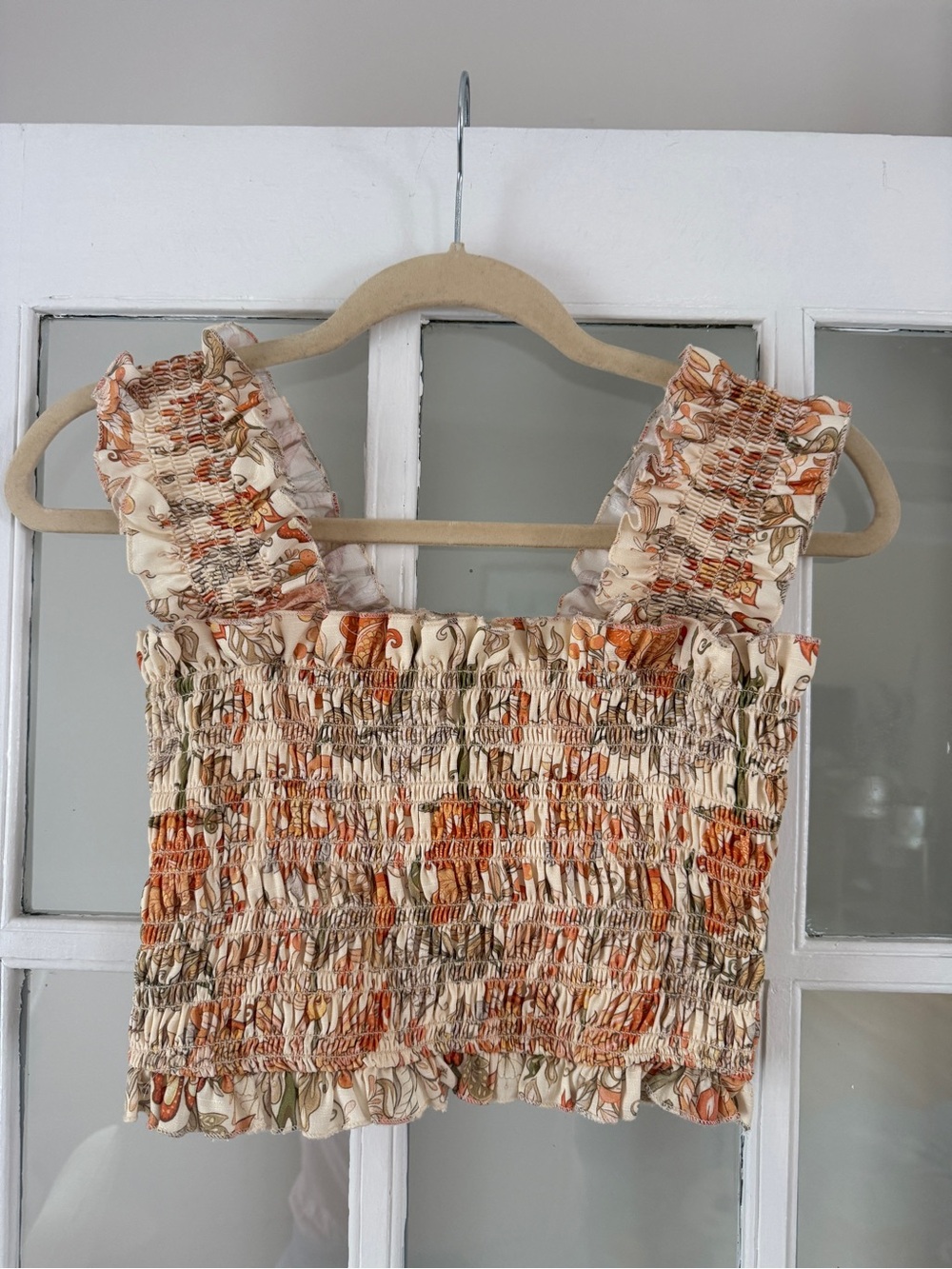 Petal and Pup Smocked Ruffle-Strap Crop Top in Cream with orange Floral